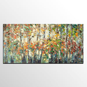 Landscape Painting, Autumn Birch Tree Painting, Custom Large Wall Art, Oil Painting, Canvas Painting-Silvia Home Craft