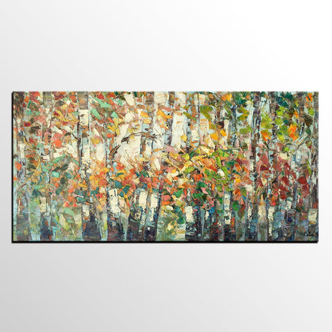 Landscape Painting, Autumn Birch Tree Painting, Custom Large Wall Art, Oil Painting, Canvas Painting-Silvia Home Craft