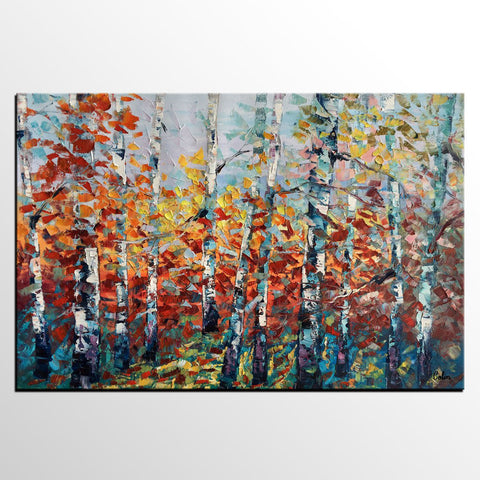 Large Art, Canvas Wall Art, Landscape Art, Birch Tree Artwork, Custom Canvas Painting-Silvia Home Craft