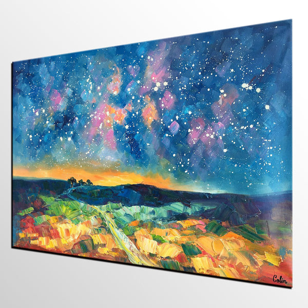 Starry Night Landscape Painting, Large Canvas Art Painting, Custom Large Oil Painting-Silvia Home Craft