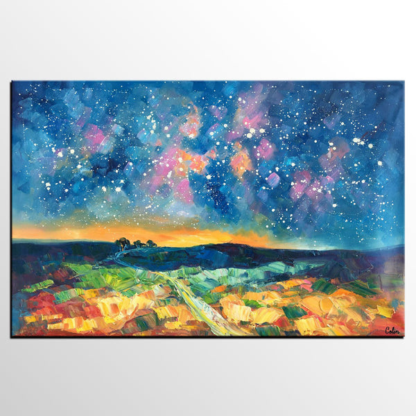 Starry Night Landscape Painting, Large Canvas Art Painting, Custom Large Oil Painting-Silvia Home Craft