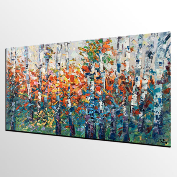 Birch Tree Painting, Impasto Art, Large Canvas Art, Bedroom Canvas Painting, Custom Extra Large Painting-Silvia Home Craft