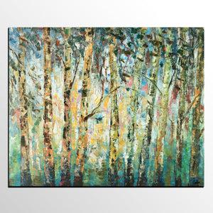 Abstract Landscape Painting, Birch Tree Painting, Bedroom Wall Art Paintings, Simple Modern Art, Custom Landscape Painting for Bedroom-Silvia Home Craft