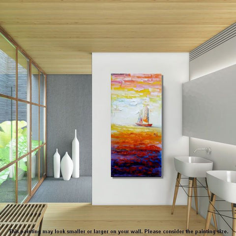 Sailing Boat at Sea, Heavy Texture Art, Original Painting, Custom Extra Large Painting-Silvia Home Craft