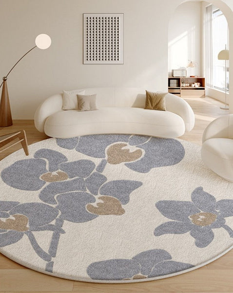 Bedroom Abstract Modern Area Rugs, Contemporary Modern Rugs, Geometric Round Rugs for Dining Room, Flower Pattern Circular Modern Rugs under Chairs-Silvia Home Craft