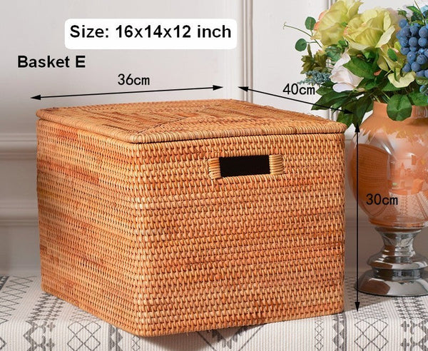 Extra Large Storage Baskets for Clothes, Oversized Rectangular Storage Basket with Lid, Wicker Rattan Storage Basket for Shelves, Storage Baskets for Bedroom-Silvia Home Craft