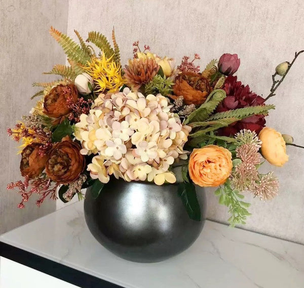 Modern Artificial Floral Arrangement for Bedroom, Large Bunch of Autumn Flowers Arrangement Interior Design, Peony Faux Silk Floral Bouquet Table Centerpiece-Silvia Home Craft