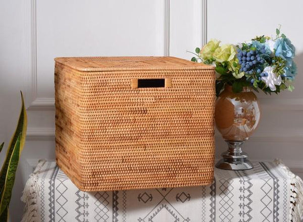 Wicker Storage Baskets for Bathroom, Rattan Rectangular Storage Basket with Lid, Extra Large Storage Baskets for Clothes, Storage Baskets for Bedroom-Silvia Home Craft