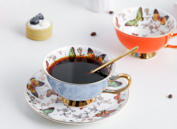 Creative Butterfly Ceramic Coffee Cups, Unique Butterfly Coffee Cups and Saucers, Beautiful British Tea Cups, Creative Bone China Porcelain Tea Cup Set-Silvia Home Craft