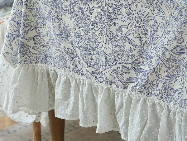 Cotton Rectangle Tablecloth for Dining Room Table, Natural Spring Farmhouse Table Cloth, Blue Flower Pattern Cotton Tablecloth, Square Tablecloth for Round Table-Silvia Home Craft