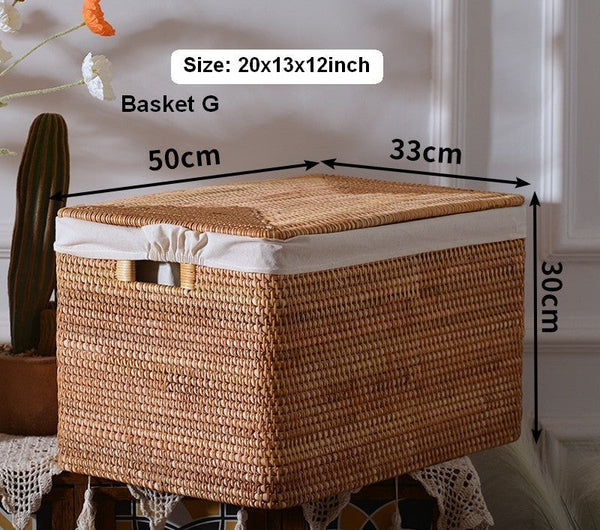 Extra Large Storage Baskets for Clothes, Oversized Rectangular Storage Basket with Lid, Wicker Rattan Storage Basket for Shelves, Storage Baskets for Bedroom-Silvia Home Craft