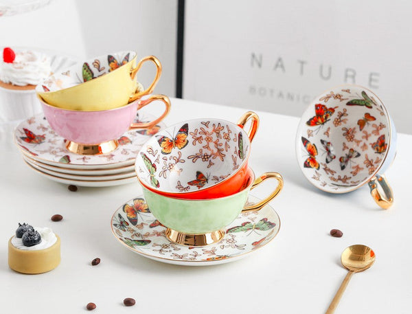 Creative Butterfly Ceramic Coffee Cups, Unique Butterfly Coffee Cups and Saucers, Beautiful British Tea Cups, Creative Bone China Porcelain Tea Cup Set-Silvia Home Craft