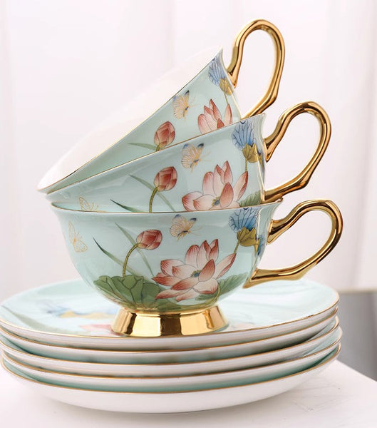 Unique British Tea Cup and Saucer in Gift Box, Lotus Flower Bone China Porcelain Tea Cup Set, Elegant British Ceramic Coffee Cups-Silvia Home Craft