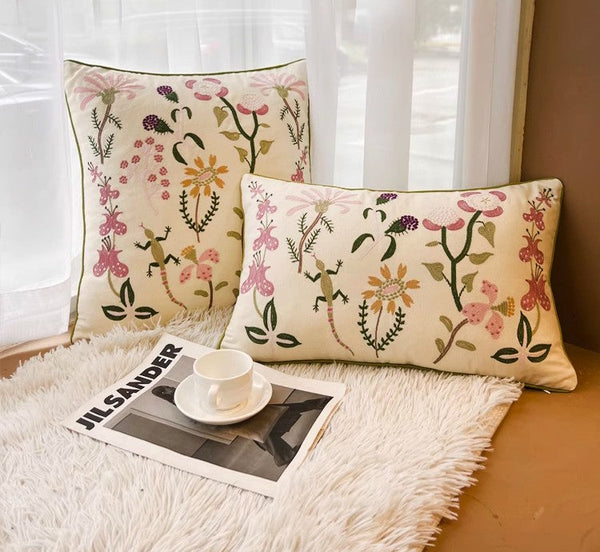 Embroider Flower Cotton Pillow Covers, Spring Flower Decorative Throw Pillows, Farmhouse Sofa Decorative Pillows, Flower Decorative Throw Pillows for Couch-Silvia Home Craft