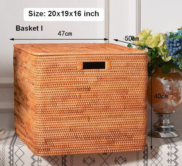 Extra Large Storage Baskets for Clothes, Oversized Rectangular Storage Basket with Lid, Wicker Rattan Storage Basket for Shelves, Storage Baskets for Bedroom-Silvia Home Craft