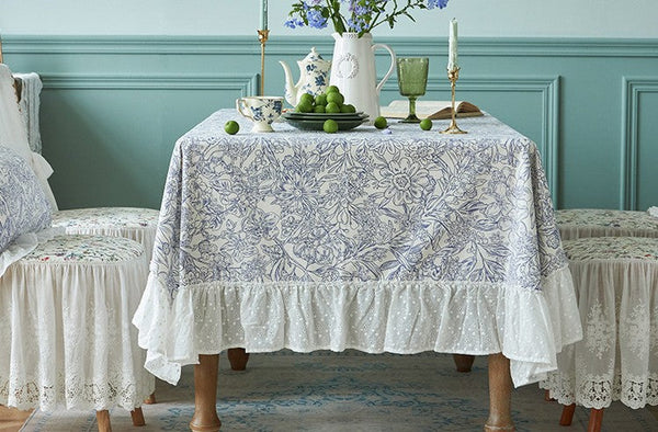 Cotton Rectangle Tablecloth for Dining Room Table, Natural Spring Farmhouse Table Cloth, Blue Flower Pattern Cotton Tablecloth, Square Tablecloth for Round Table-Silvia Home Craft