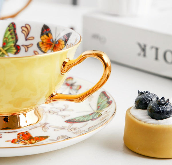 Creative Butterfly Ceramic Coffee Cups, Unique Butterfly Coffee Cups and Saucers, Beautiful British Tea Cups, Creative Bone China Porcelain Tea Cup Set-Silvia Home Craft