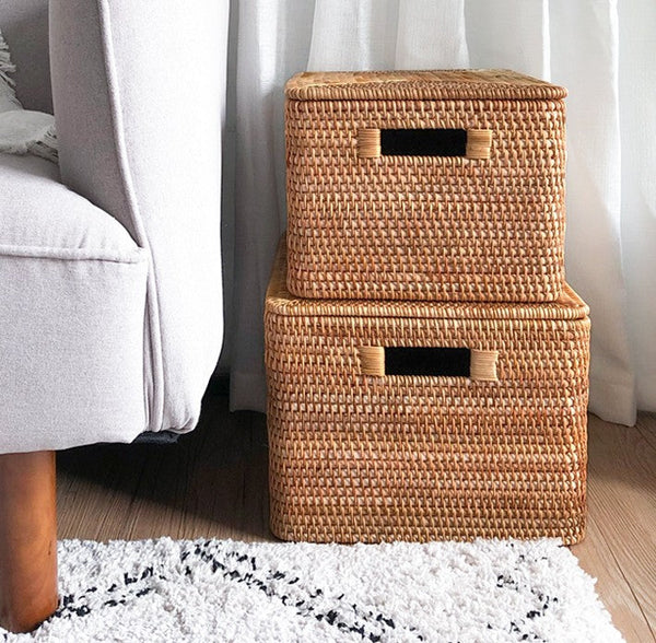 Extra Large Storage Baskets for Shelves, Wicker Rectangular Storage Baskets for Living Room, Rattan Storage Basket with Lid, Storage Baskets for Clothes-Silvia Home Craft