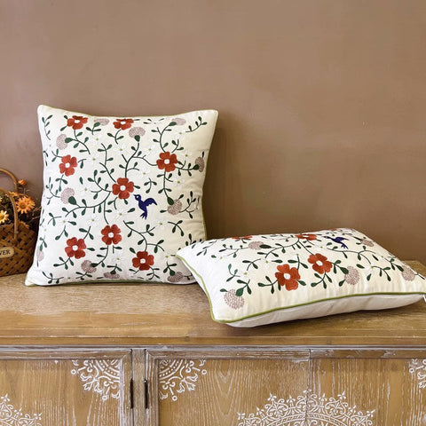 Bird Spring Flower Decorative Throw Pillows, Farmhouse Sofa Decorative Pillows, Embroider Flower Cotton Pillow Covers, Flower Decorative Throw Pillows for Couch-Silvia Home Craft