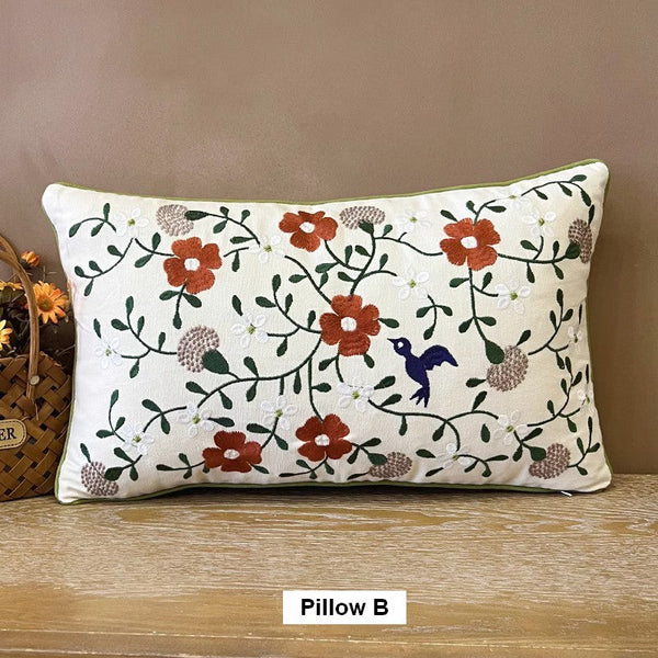 Bird Spring Flower Decorative Throw Pillows, Farmhouse Sofa Decorative Pillows, Embroider Flower Cotton Pillow Covers, Flower Decorative Throw Pillows for Couch-Silvia Home Craft