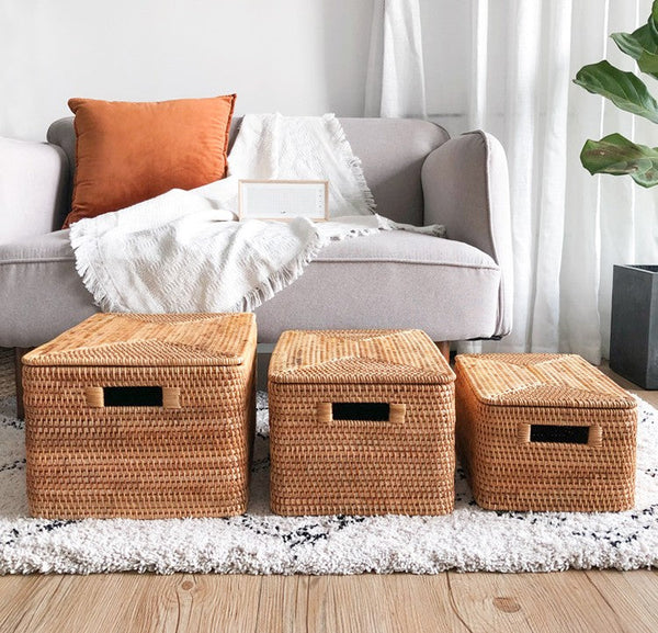 Rattan Rectangular Storage Basket with Lid, Extra Large Storage Baskets for Clothes, Storage Baskets for Bedroom, Woven Storage Baskets for Living Room-Silvia Home Craft