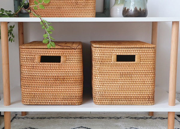 Oversized Rectangular Storage Basket with Lid, Woven Rattan Storage Basket for Shelves, Storage Baskets for Bedroom, Extra Large Storage Baskets for Clothes-Silvia Home Craft