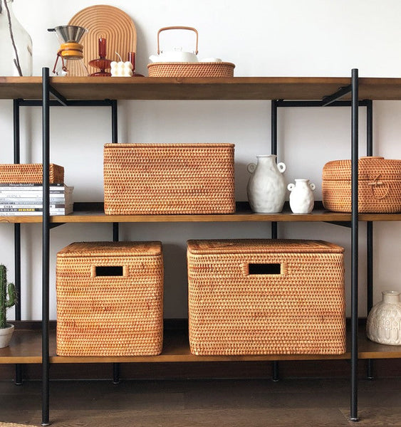 Extra Large Storage Baskets for Shelves, Wicker Rectangular Storage Baskets for Living Room, Rattan Storage Basket with Lid, Storage Baskets for Clothes-Silvia Home Craft