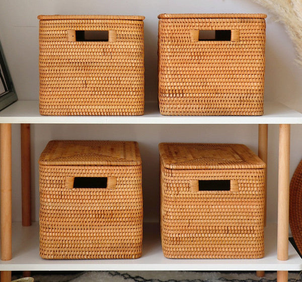 Laundry Storage Baskets for Bathroom, Rectangular Storage Baskets for Clothes, Wicker Storage Baskets for Shelves, Rattan Storage Baskets for Kitchen, Storage Basket with Lid-Silvia Home Craft