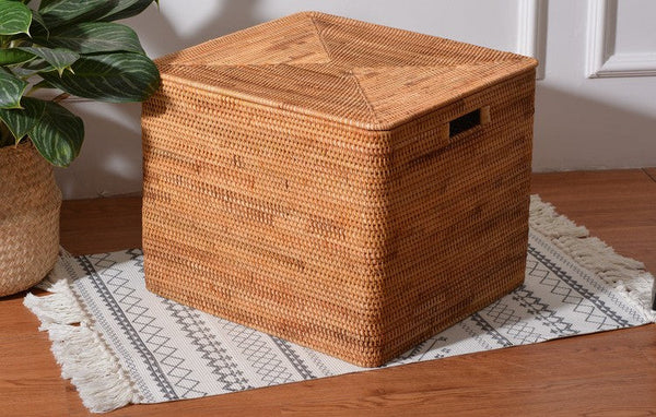 Rattan Rectangular Storage Basket with Lid, Extra Large Storage Baskets for Clothes, Storage Baskets for Bedroom, Woven Storage Baskets for Living Room-Silvia Home Craft