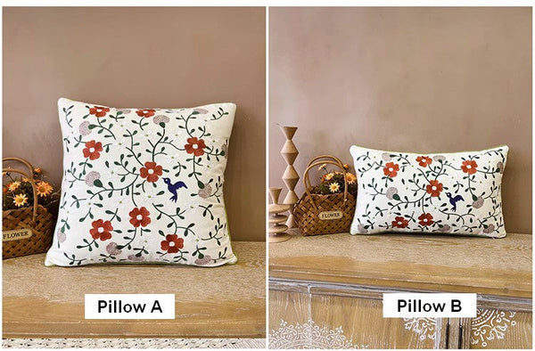 Bird Spring Flower Decorative Throw Pillows, Farmhouse Sofa Decorative Pillows, Embroider Flower Cotton Pillow Covers, Flower Decorative Throw Pillows for Couch-Silvia Home Craft