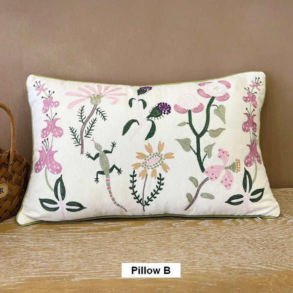 Embroider Flower Cotton Pillow Covers, Spring Flower Decorative Throw Pillows, Farmhouse Sofa Decorative Pillows, Flower Decorative Throw Pillows for Couch-Silvia Home Craft