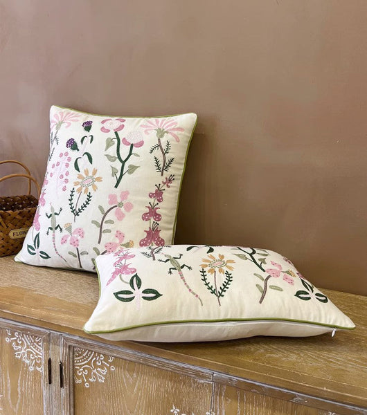 Embroider Flower Cotton Pillow Covers, Spring Flower Decorative Throw Pillows, Farmhouse Sofa Decorative Pillows, Flower Decorative Throw Pillows for Couch-Silvia Home Craft