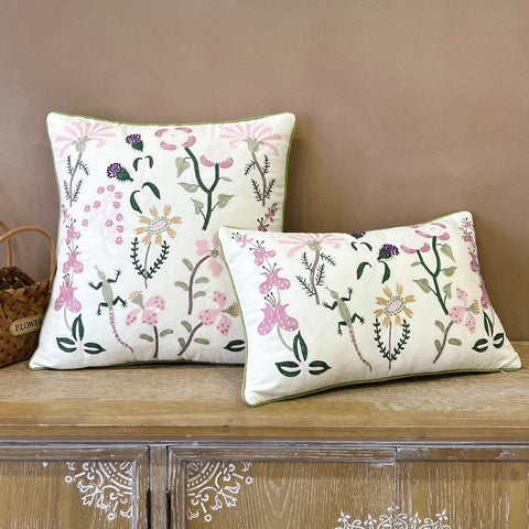 Embroider Flower Cotton Pillow Covers, Spring Flower Decorative Throw Pillows, Farmhouse Sofa Decorative Pillows, Flower Decorative Throw Pillows for Couch-Silvia Home Craft