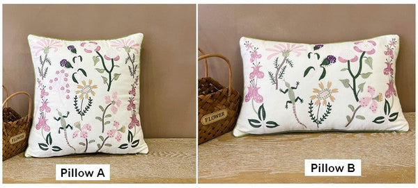 Embroider Flower Cotton Pillow Covers, Spring Flower Decorative Throw Pillows, Farmhouse Sofa Decorative Pillows, Flower Decorative Throw Pillows for Couch-Silvia Home Craft