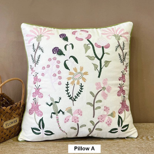 Embroider Flower Cotton Pillow Covers, Spring Flower Decorative Throw Pillows, Farmhouse Sofa Decorative Pillows, Flower Decorative Throw Pillows for Couch-Silvia Home Craft