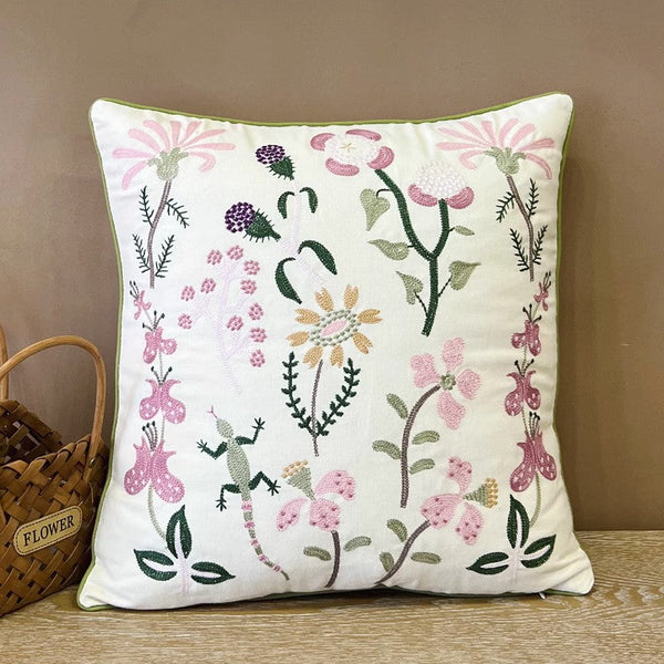 Embroider Flower Cotton Pillow Covers, Spring Flower Decorative Throw Pillows, Farmhouse Sofa Decorative Pillows, Flower Decorative Throw Pillows for Couch-Silvia Home Craft