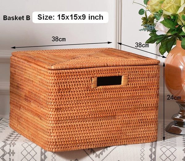 Wicker Storage Baskets for Bathroom, Rattan Rectangular Storage Basket with Lid, Extra Large Storage Baskets for Clothes, Storage Baskets for Bedroom-Silvia Home Craft