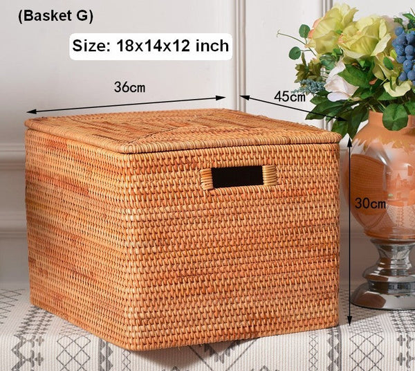 Laundry Storage Baskets for Bathroom, Rectangular Storage Baskets for Clothes, Wicker Storage Baskets for Shelves, Rattan Storage Baskets for Kitchen, Storage Basket with Lid-Silvia Home Craft