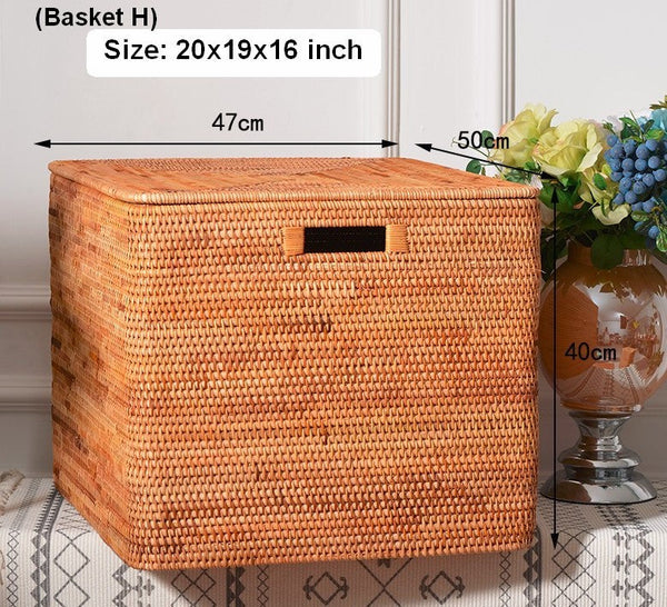 Extra Large Storage Baskets for Shelves, Wicker Rectangular Storage Baskets for Living Room, Rattan Storage Basket with Lid, Storage Baskets for Clothes-Silvia Home Craft