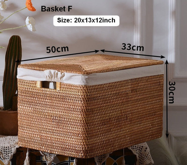 Rattan Rectangular Storage Basket with Lid, Extra Large Storage Baskets for Clothes, Storage Baskets for Bedroom, Woven Storage Baskets for Living Room-Silvia Home Craft