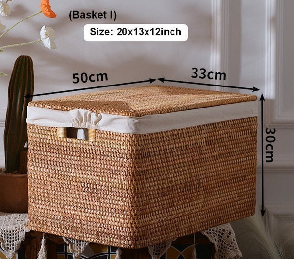 Extra Large Storage Baskets for Shelves, Wicker Rectangular Storage Baskets for Living Room, Rattan Storage Basket with Lid, Storage Baskets for Clothes-Silvia Home Craft