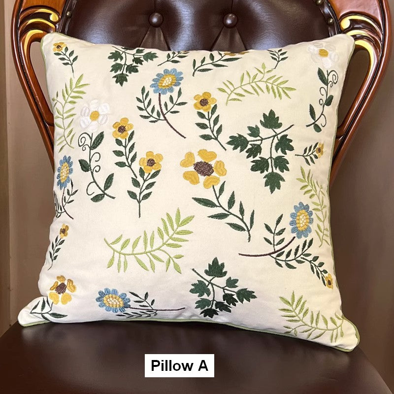 Farmhouse Decorative Throw Pillows, Spring Flower Sofa Decorative Pillows, Embroider Flower Cotton Pillow Covers, Flower Decorative Throw Pillows for Couch-Silvia Home Craft