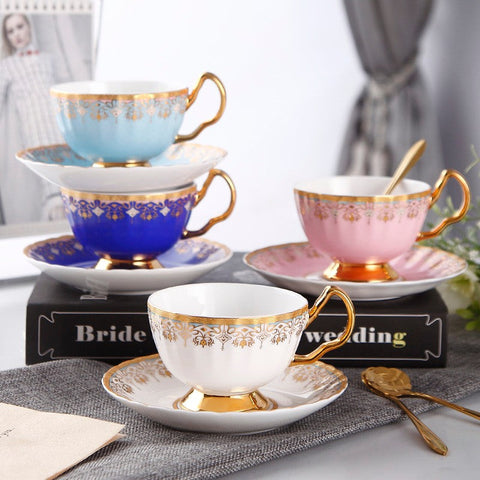 Pink Blue White Bone China Porcelain Tea Cup Set, Unique British Tea Cup and Saucer in Gift Box, Elegant British Ceramic Coffee Cups for Afternoon Tea-Silvia Home Craft