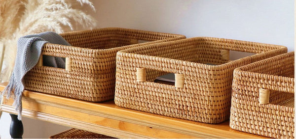 Woven Rattan Storage Baskets for Bedroom, Storage Basket for Shelves, Large Rectangular Storage Baskets for Clothes, Storage Baskets for Kitchen-Silvia Home Craft