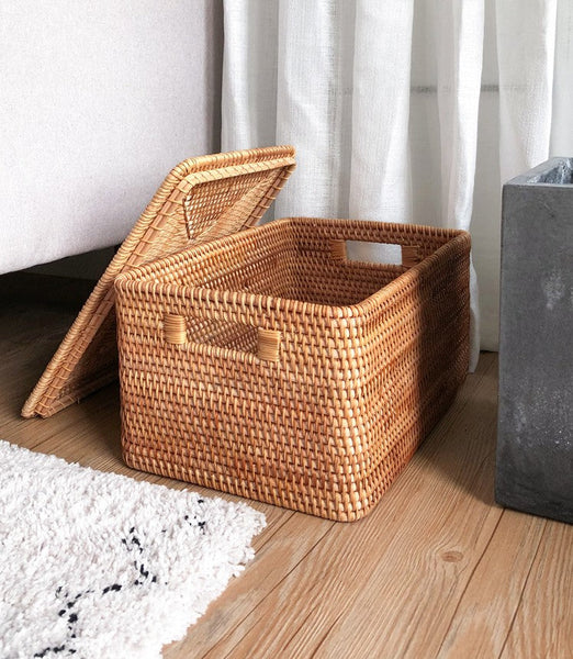 Extra Large Storage Baskets for Shelves, Wicker Rectangular Storage Baskets for Living Room, Rattan Storage Basket with Lid, Storage Baskets for Clothes-Silvia Home Craft