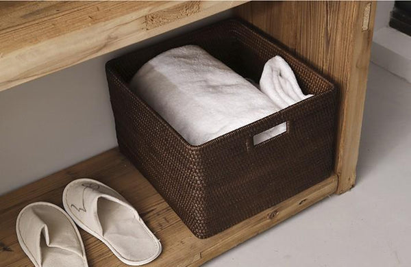 Large Brown Woven Rattan Storage Basket, Storage Baskets for Kitchen, Rectangular Storage Baskets, Storage Baskets for Clothes-Silvia Home Craft