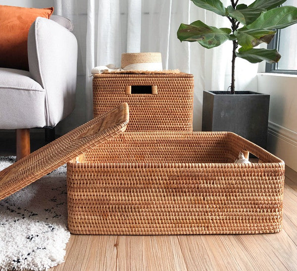 Rattan Rectangular Storage Basket with Lid, Extra Large Storage Baskets for Clothes, Storage Baskets for Bedroom, Woven Storage Baskets for Living Room-Silvia Home Craft