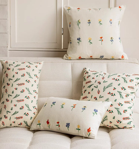 Decorative Pillows for Couch, Farmhouse Decorative Pillows for Sofa, Embroider Flower Cotton Pillow Covers, Spring Flower Decorative Pillows for Bedroom-Silvia Home Craft