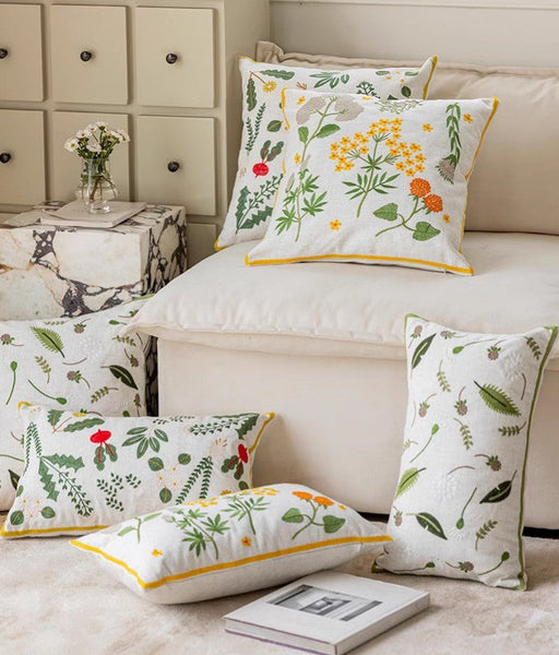 Spring Flower Decorative Throw Pillows, Decorative Pillows for Couch, Farmhouse Sofa Decorative Pillows, Embroider Flower Cotton Pillow Covers-Silvia Home Craft