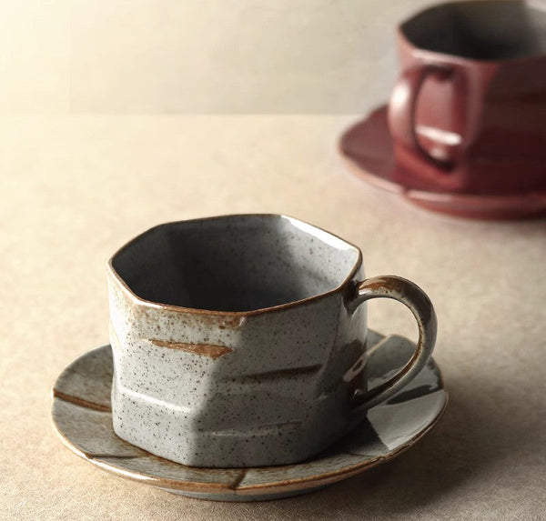 Modern Handmade Pottery Coffee Cup, Creative Ceramic Coffee Cup with Saucer, Unique Tea Cup and Saucer, Tea Cup Set for Afternoon Tea-Silvia Home Craft